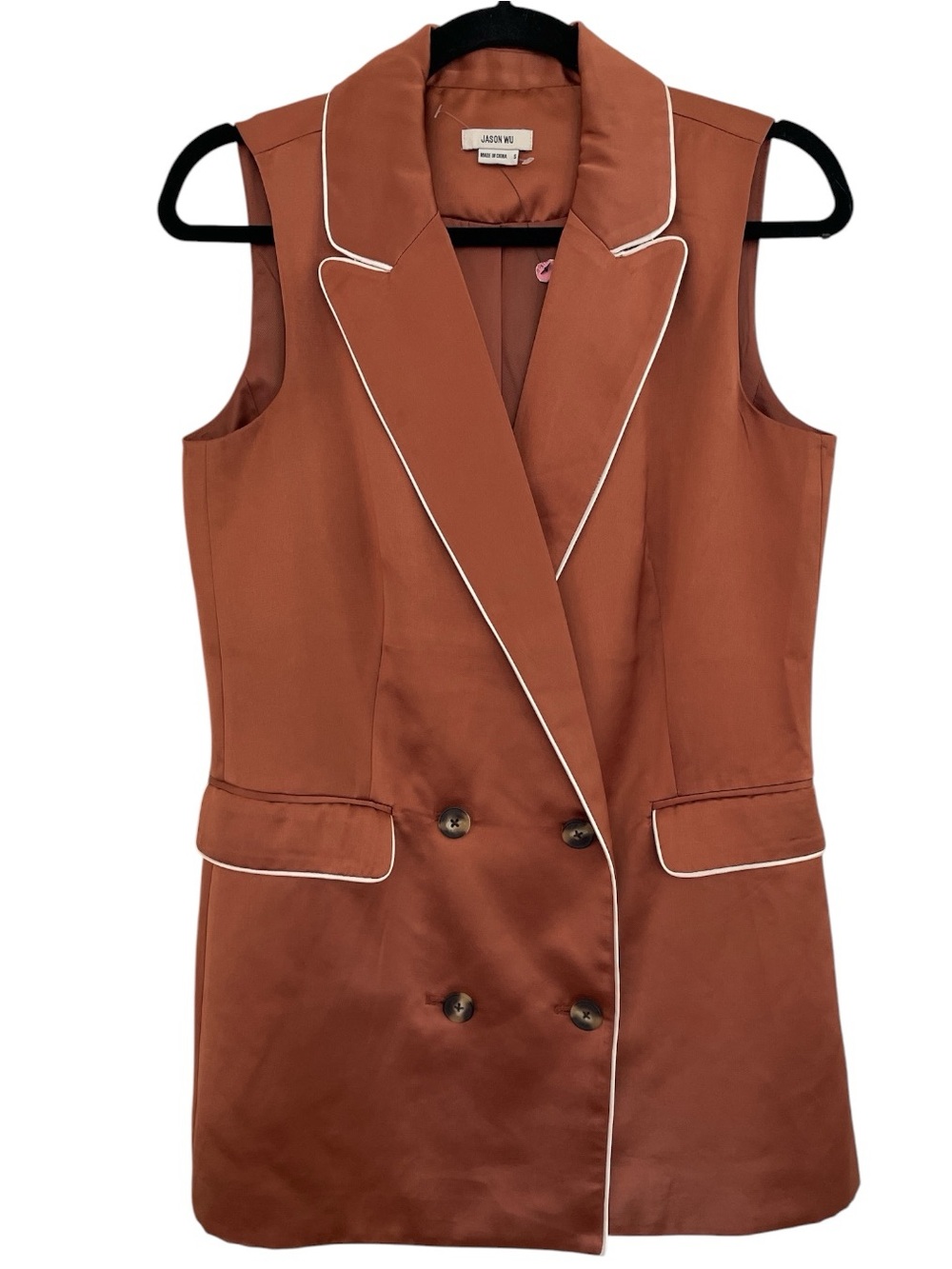 Jason Wu Bronze Satin Double-Breasted Sleeveless Blazer Vest, Small